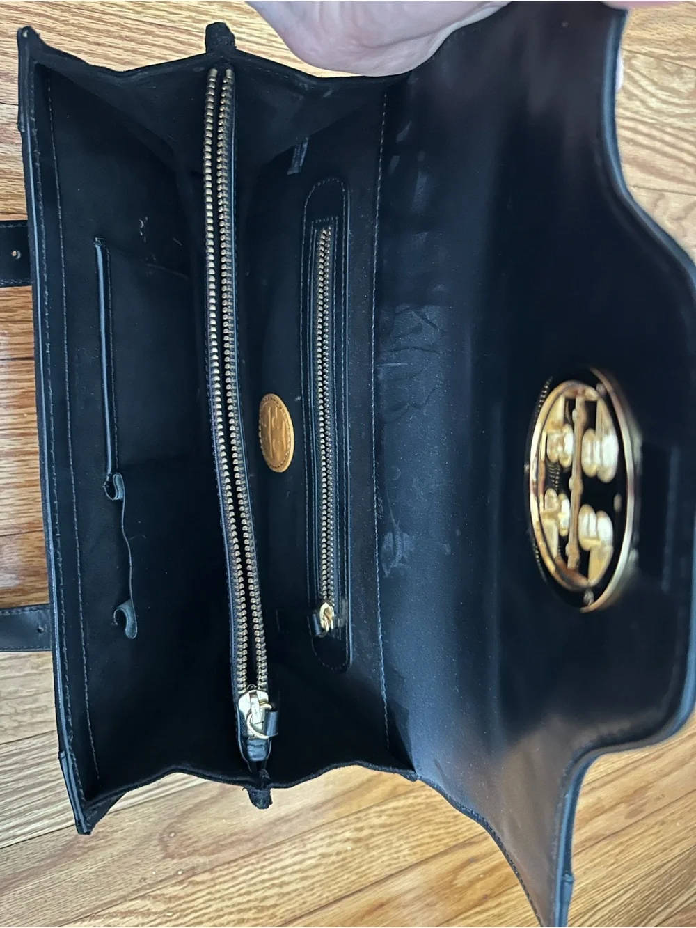 Tory Burch Black Leather Tote with Gold Logo Detail